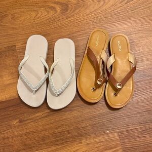 ALDO Brown and Tan Leather Thong Sandals